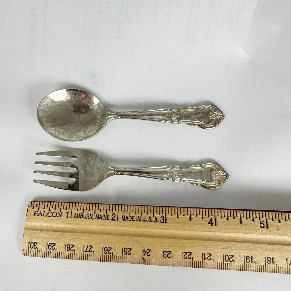 Vintage 4.25 Child Fork Spoon Set Floral Baroque Handle‎ Stainless Japan